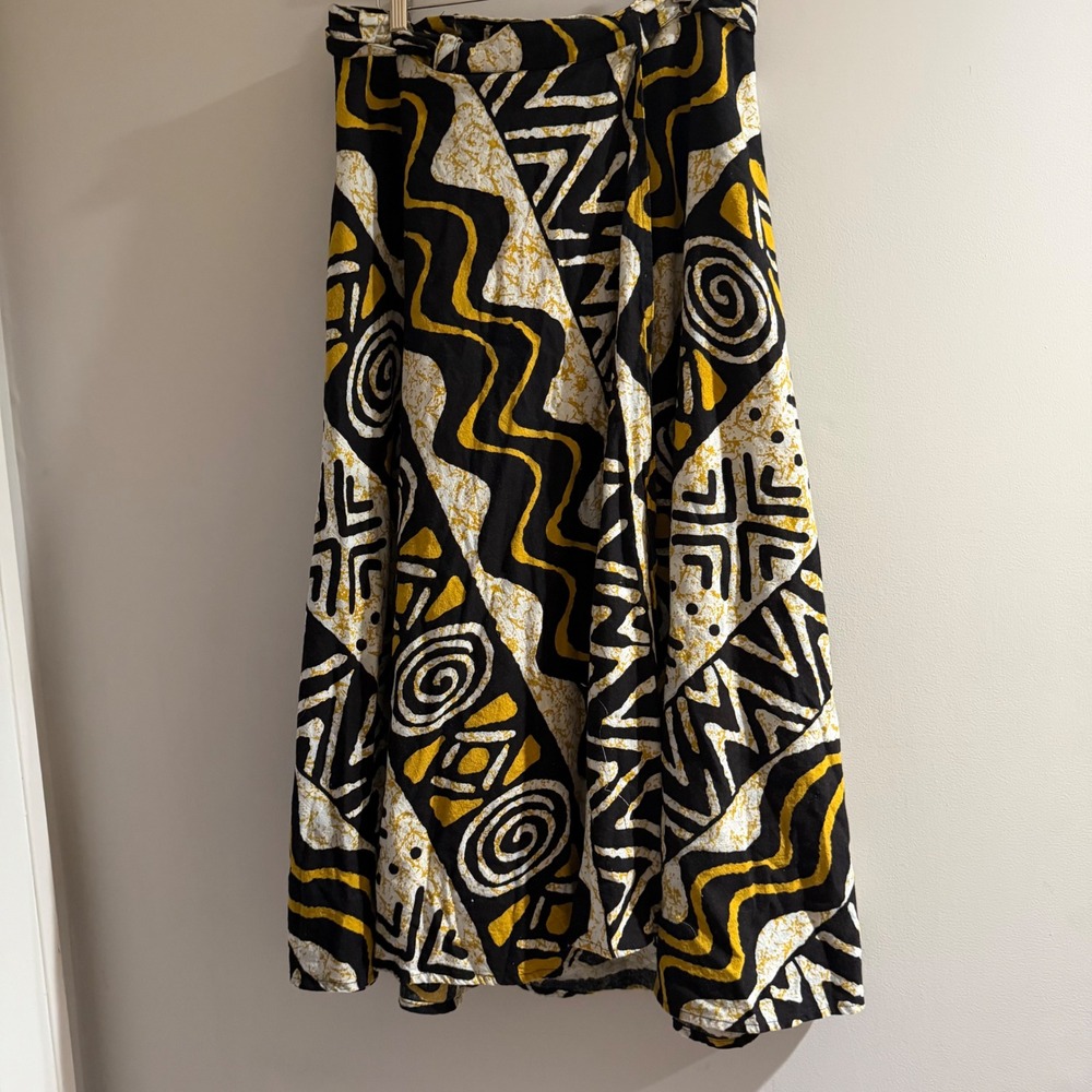 Belma Wrap Skirt Womens OS Black Yellow Tribal Geometric Cotton Midi Good